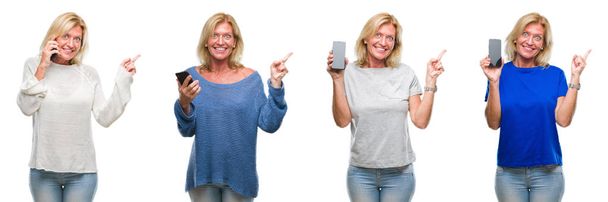Κολάζ από ξανθιά γυναίκα όμορφη μέση ηλικία χρησιμοποιώντας smartphone σε άσπρο backgroud απομονωμένη πολύ χαρούμενος, δείχνοντας με το χέρι και δάχτυλο προς την πλευρά - Φωτογραφία, εικόνα