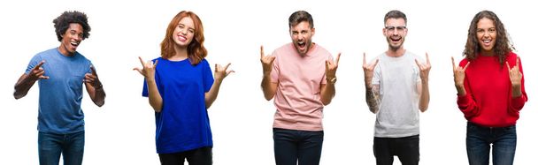 Composition of african american, hispanic and caucasian group of people over isolated white background shouting with crazy expression doing rock symbol with hands up. Music star. Heavy concept. - Photo, Image