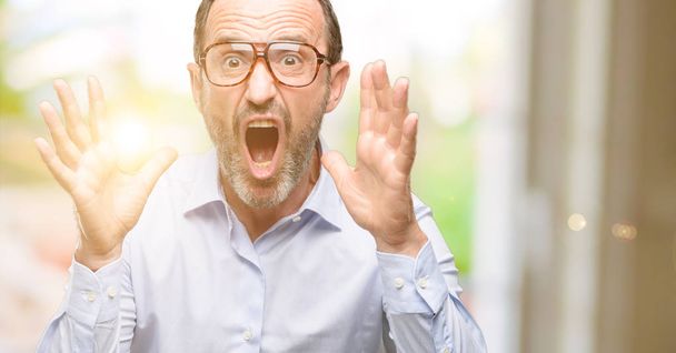Middle age man with glasses stressful keeping hands on head, terrified in panic, shouting - Fotoğraf, Görsel