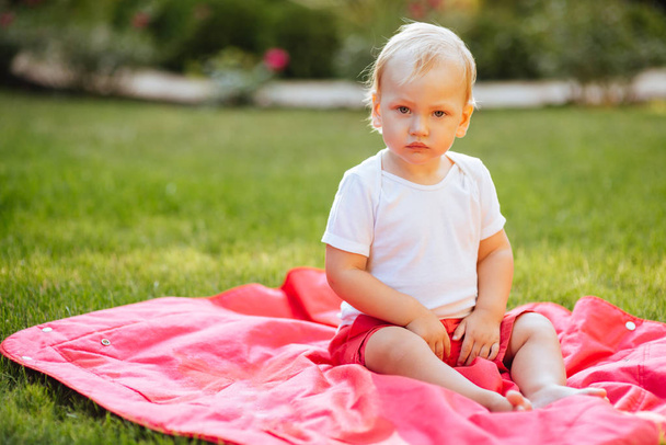 Funny blond toddler boy in summer garden . Casual lifestyle photo. - Photo, image