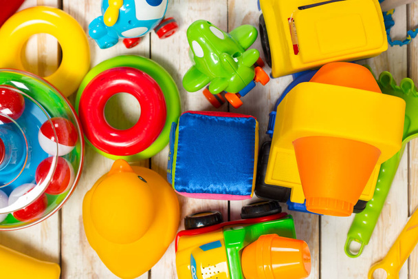 top view of colorful children toys - Foto, imagen