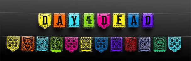 Mexican set of bunting for Day of the Dead. Dia de los Muertos. Hand drawn. For your design horizontal web banner. Vector illustration. Isolated on black background. - Vector, Image