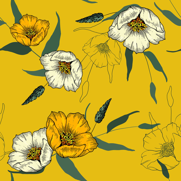 Blooming  Flowers. Realistic isolated seamless flower pattern. Vintage background. Wallpaper.  Hand drawn. Vector illustration. - Vettoriali, immagini