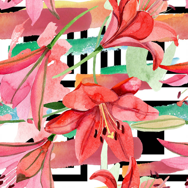 Watercolor red lily flower. Floral botanical flower. Seamless background pattern. Fabric wallpaper print texture. Aquarelle wildflower for background, texture, wrapper pattern, frame or border. - Foto, Imagen