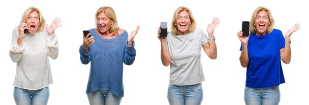 Koláž z krásných středního věku blond žena pomocí smartphone přes bílý, samostatný zázemí velmi šťastný a nadšený, vítěz výraz oslavující vítězství křičí s velkým úsměvem a pozvedl ruce - Fotografie, Obrázek