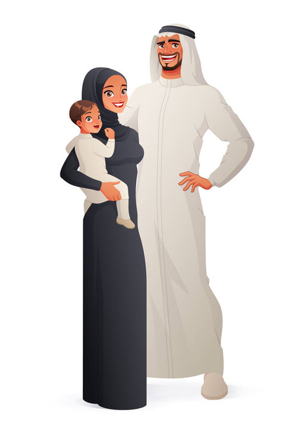 Szczęśliwy tradycyjnych arabskich portret rodziny. Ilustracja wektorowa. - Wektor, obraz