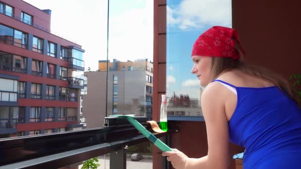 Vrouw met grote buik veeg venster met speciaal gereedschap en schoon met een doek - Video