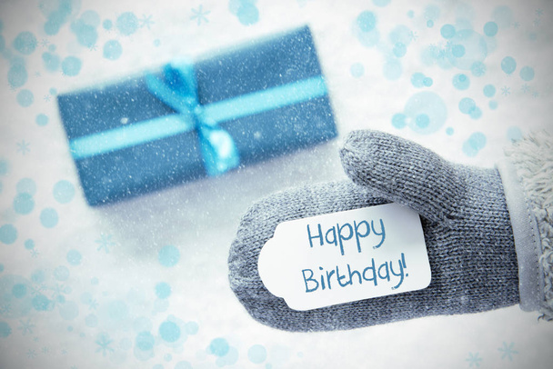 Turquoise Gift, Glove, Text Happy Birthday, Snowflakes - Fotoğraf, Görsel