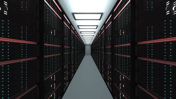 Большой интерьер серверной комнаты в центре обработки данных, веб-сети и интернет телекоммуникационных технологий, хранения данных и облачного сервиса, 3D рендеринг
 - Фото, изображение