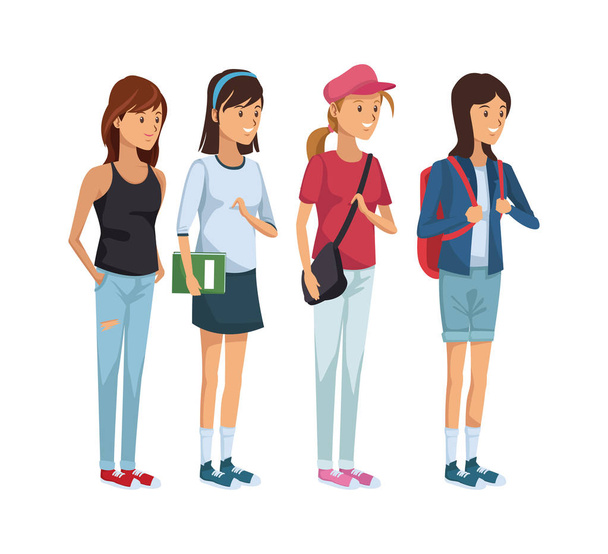 立っている女子高生のカラフルなセットのグループ - ベクター画像