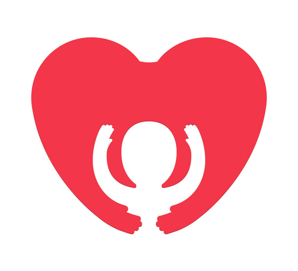 концепция логотипа детского дня - ребенок внутри красного сердца - обнимающие руки уход за детьми, символ благотворительности
. - Вектор,изображение
