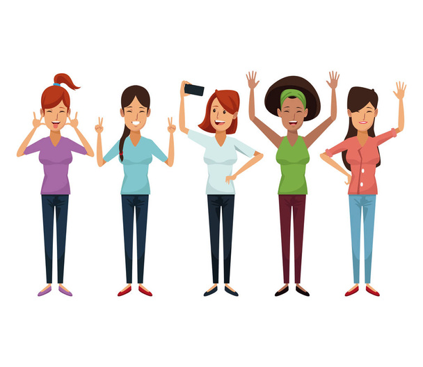 white background with colorful female group friendship - Vector, Image