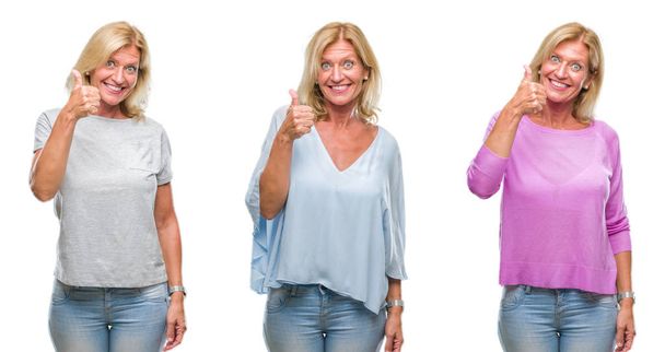 Collage of beautiful middle age blonde woman over white isolated backgroud doing happy thumbs up gesture with hand. Approving expression looking at the camera with showing success. - Photo, Image
