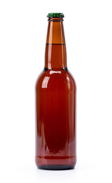 one brown bottle of beer isolated on white background - Fotoğraf, Görsel