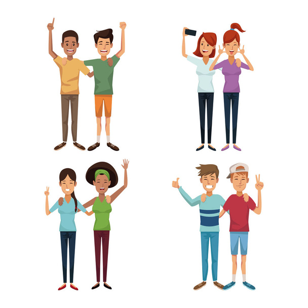 white background with colorful group of friends in pairs - Vector, Image