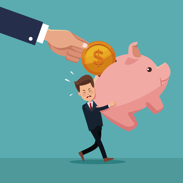 color background of businessman carrying a piggy bank with hand depositing a coin inside - Vector, Image
