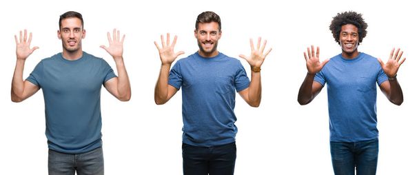Colagem de grupo de homens hispânicos e afro-americanos sobre fundo isolado mostrando e apontando para cima com os dedos número dez enquanto sorri confiante e feliz
. - Foto, Imagem