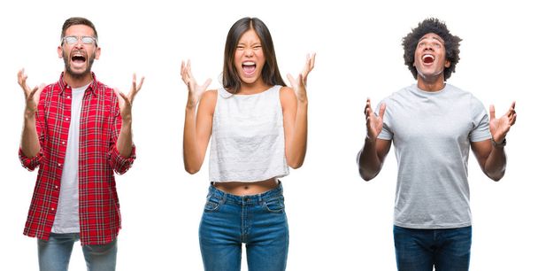 Collage of group of Chinese, african american, hispanic people over isolated background crazy and mad shouting and yelling with aggressive expression and arms raised. Frustration concept. - Photo, Image