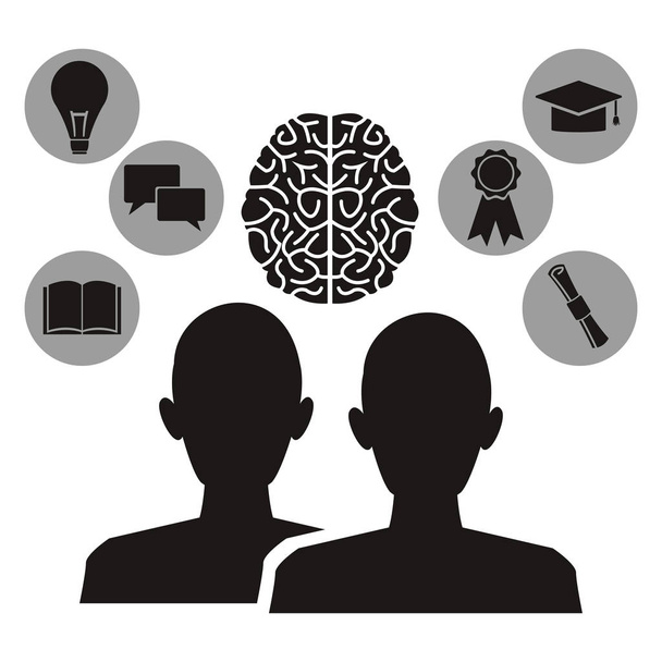 fundo branco com perfil de conjunto monocromático cabeça cérebro humano e ícones em quadros circulares de elementos de conhecimento acadêmico
 - Vetor, Imagem