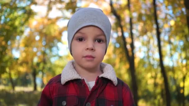 portret smutny lub nieszczęśliwego chłopca w parku jesień - Materiał filmowy, wideo