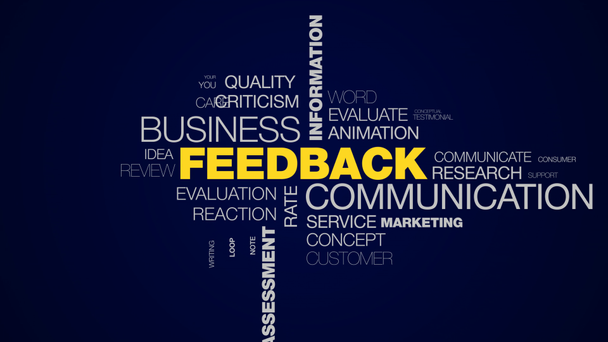 communicatie business informatie antwoord klant commentaar bericht advies beoordeling feedbackscore geanimeerde word cloud achtergrond in uhd 4k 3840 2160. - Video