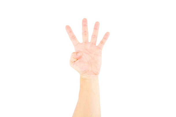 Aziatische mannenhand tonen van vier vingers op witte achtergrond met uitknippad. - Foto, afbeelding