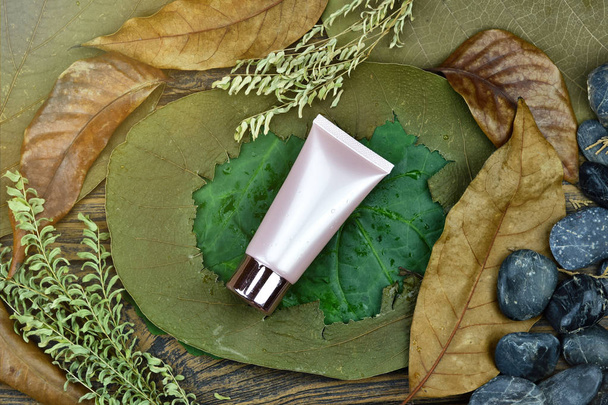 Cosmetics bottle package container on natural background, Skin care on green leaf, Moisturizing and dry damage care concept. - Photo, Image