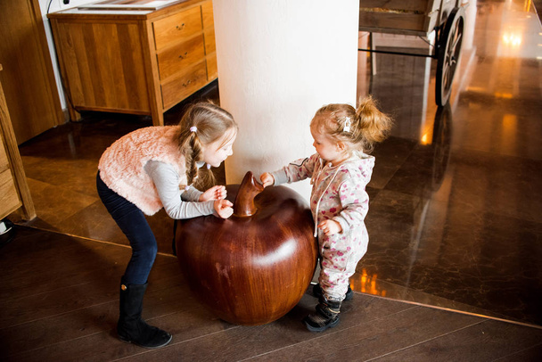 Two little sisters play with a wooden apple - Foto, immagini