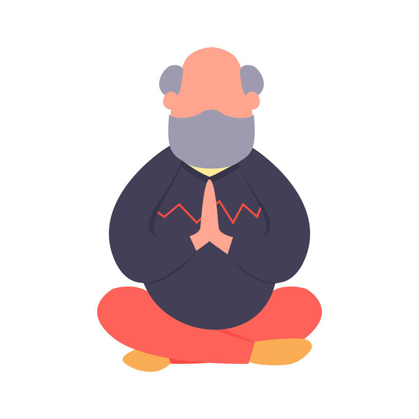 Oudere man mediteren in een lotus houding. Eenvoudige flat oude man karakter. Yoga holistische praktijk voor senioren. Gezonde levensstijl concept. - Foto, afbeelding
