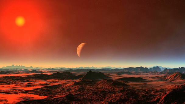 "Moon Flying Over Alien Planet". Темные холмы и скалы купаются в красном свете яркого солнца. Горизонт в тумане. Планета (луна) в полумбре пролетает по ней. В темном небе, яркие звезды
. - Кадры, видео