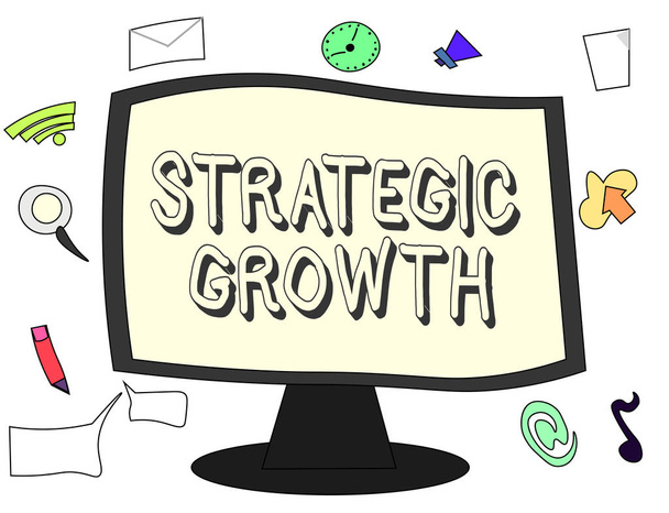 戦略的成長を示す概念的な手書き。株式や改善のための計画やスケジュールの作成を紹介するビジネス写真 - 写真・画像