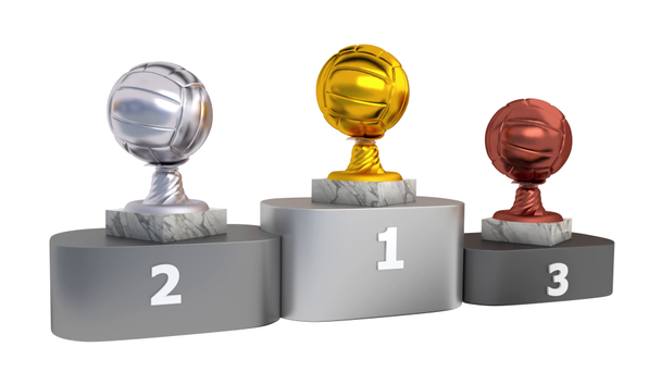 Volejbal, zlaté stříbrné a bronzové trofeje s mramorem zakládá na pódium v nekonečné rotace - Záběry, video