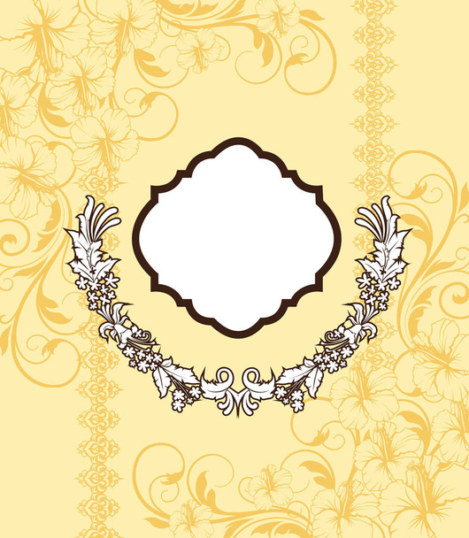 Vintage Einladungskarte mit kunstvollen eleganten Retro-abstrakten floralen Mustern, weiß-braunen und gelb-orangen Blüten und Blättern auf hellgelbem Hintergrund mit Plaketten-Textetikett. Vektorillustration - Vektor, Bild