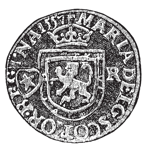 Plack einer Scotch-Billardmünze im Wert von etwa zwei Dritteln des Centwerts der Vereinigten Staaten im fünfzehnten Jahrhundert, Vintage-Linienzeichnung oder Gravierillustration. - Vektor, Bild