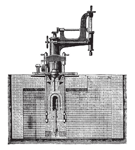 Sala de máquinas de perforación de un cubo y colocar la caja de ruedas, ilustración grabada vintage. Enciclopedia industrial E.-O. Lami - 1875
 - Vector, imagen