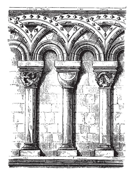Романський арки, архітектурний стиль середньовічної Європи, облаштовує напівкруглі арки, найбільш часто проводяться, vintage лінія малюнок або ілюстрація гравіювання. - Вектор, зображення