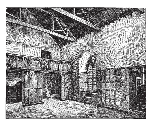 Gothic Architecture Banquet Hall, Fourteenth Century Banquet Hall, Gothic architecture, Gothic House, medieval, middle ages, vintage line drawing or engraving illustration. - Vector, Image