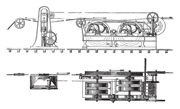 Plano de unidad de elevación y desenrollado, ilustración grabada vintage. Enciclopedia industrial E.-O. Lami - 1875
 - Vector, imagen
