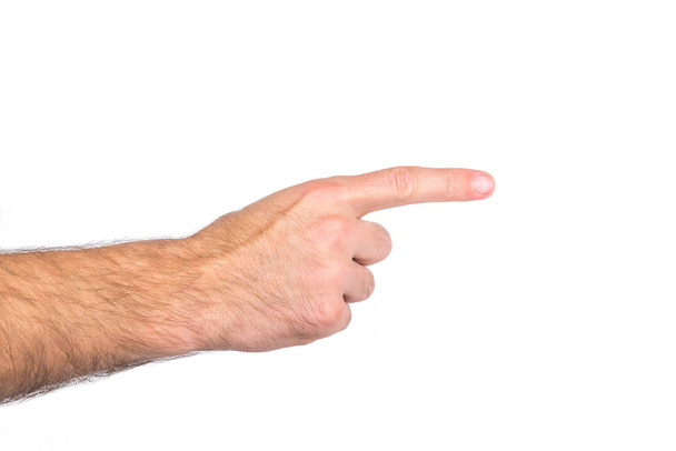 Чоловік вказує пальцем ізольовано на білому тлі
. - Фото, зображення
