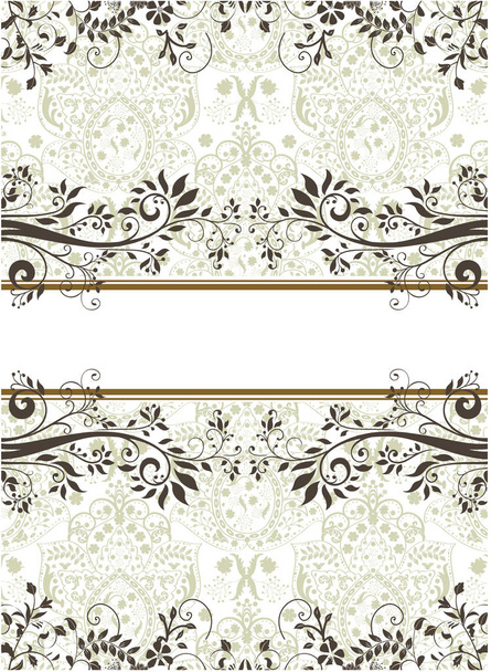 Vintage uitnodigingskaart met sierlijke elegante retro abstract floral design, grijs en licht olijfgroen bloemen en bladeren op een witte achtergrond met lint tekstlabel. Vectorillustratie - Vector, afbeelding