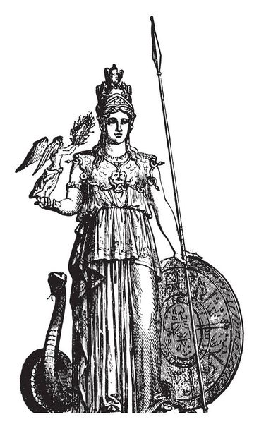 A standing statue of Greek Roman Goddess of War with a Snake, vintage line drawing or engraving illustration. - Vector, Image