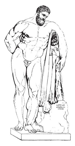 Farnese Hercules was Found in 1540 in the Baths of Caracalla, vintage line drawing or engraving illustration. - Vector, Image