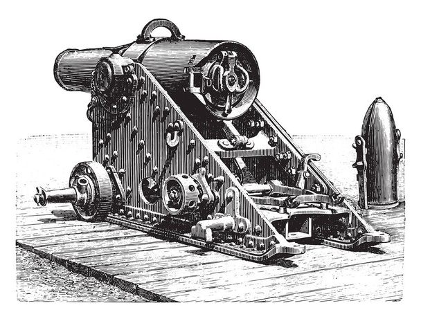 Minomet pruhované 220 milimetrů, model 188, na pozoru, vintage gravírovanou. Průmyslové encyklopedii E.-O. Lami - 1875 - Vektor, obrázek