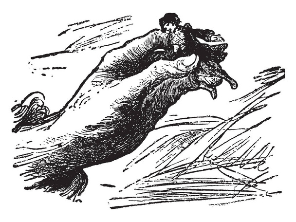 Mano gigante sosteniendo Gulliver, esta escena muestra mano gigante sosteniendo a un hombrecito en los dedos, dibujo de línea vintage o ilustración de grabado
 - Vector, imagen
