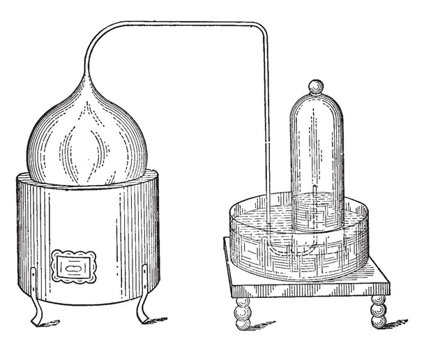 eine Apparatur, mit der Lavoisier Quecksilber (hg) erhitzt, so dass Quecksilberoxid (hgo) gewonnen werden kann, Vintage-Linienzeichnung oder Gravierillustration. - Vektor, Bild