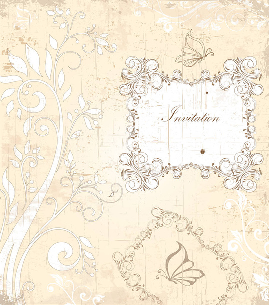 Vintage invitation card with ornate elegant retro abstract floral design, grayish brown flowers and leaves on scratch texture faded beige background with butterflies and plaque text label. Vector illustration - ベクター画像