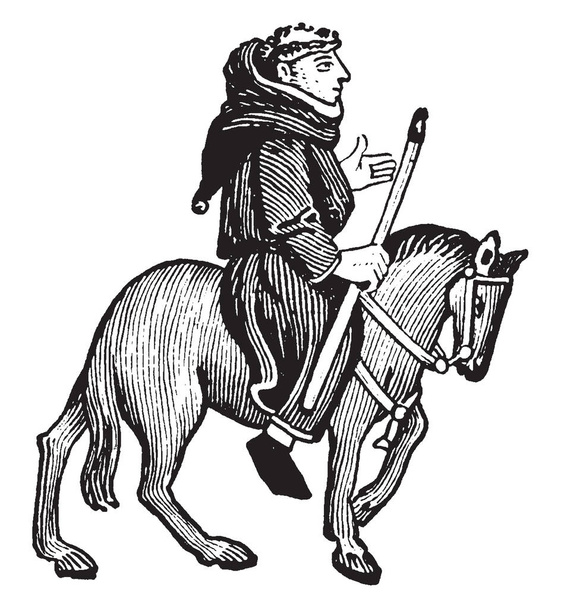 The Friar from Chaucer 's Canterbury Tales, this picture shows The Friar riding on horse and holding stick in right hand, vintage line drawing or engraving illustration
 - Вектор,изображение