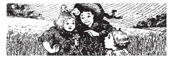 Λινάρι, αυτό δείχνει σκηνή τρία παιδιά μιλούσαν μεταξύ τους, ένα παιδί κρατήστε λουλούδι στο χέρι, λουλούδια στο φόντο, εκλεκτής ποιότητας γραμμικό σχέδιο ή απεικόνιση χαρακτική - Διάνυσμα, εικόνα