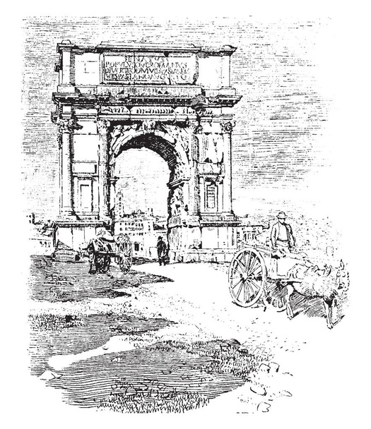Arco de Tito, En la época de Trajano, el Coloso de Nerón, estaba cerca del sitio ahora ocupado, dibujo de línea vintage o ilustración de grabado
. - Vector, imagen