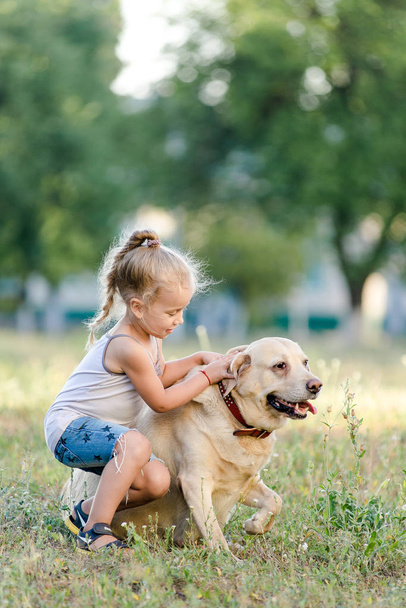 Little girl is playing with labrador in summer park. - Photo, Image